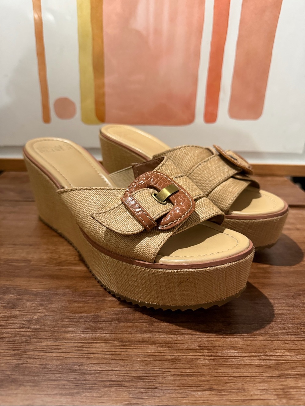 Donald Pliner Ivor Platform Wedge Slide Sandals 10 M Woven Natural Croc Buckle